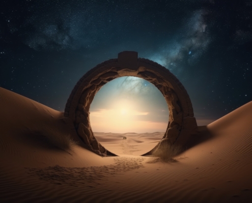 Illustration of mystical stone portal in the desert, fantasy and fiction concept. Generative AI