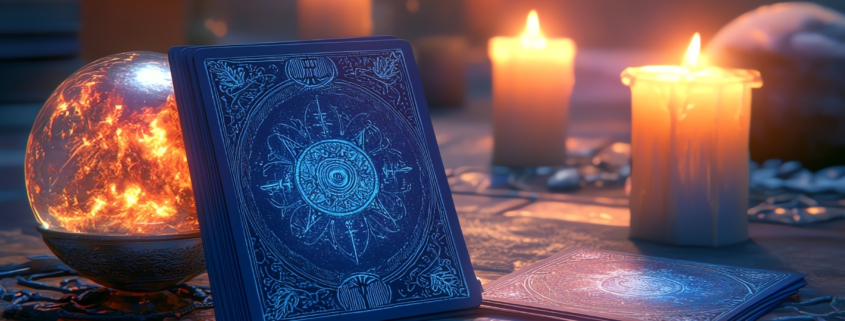 A serene 3D render of tarot cards face down on a table, surrounded by candles and a crystal ball, capturing the essence of tarot reading and psychic insight